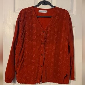 Action Wear Red Blouse Embroidered Roses L Rayon
